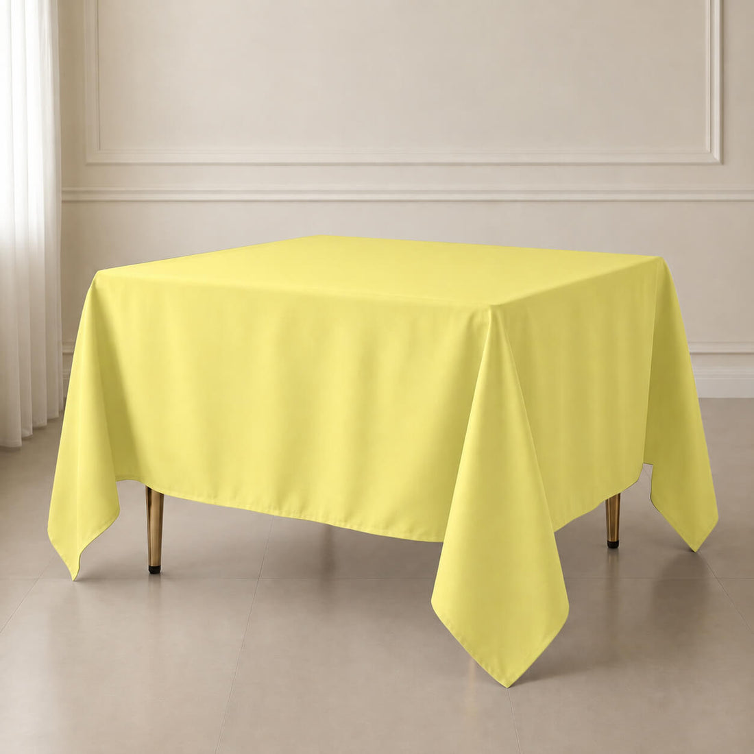 Yellow wrinkle-resistant polyester table overlay 90"x90".