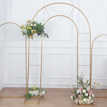 8ft Tall Gold Metal Round Top Double Arch Wedding Backdrop Stand, Flower Balloon Frame Ceremony Arbor