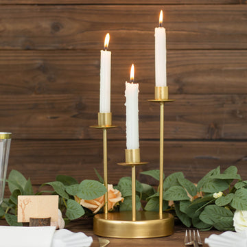 10" Tall Vintage Gold Metal 3-Arm Taper Candle Holder Centerpiece, Round Wedding Tabletop Candelabra