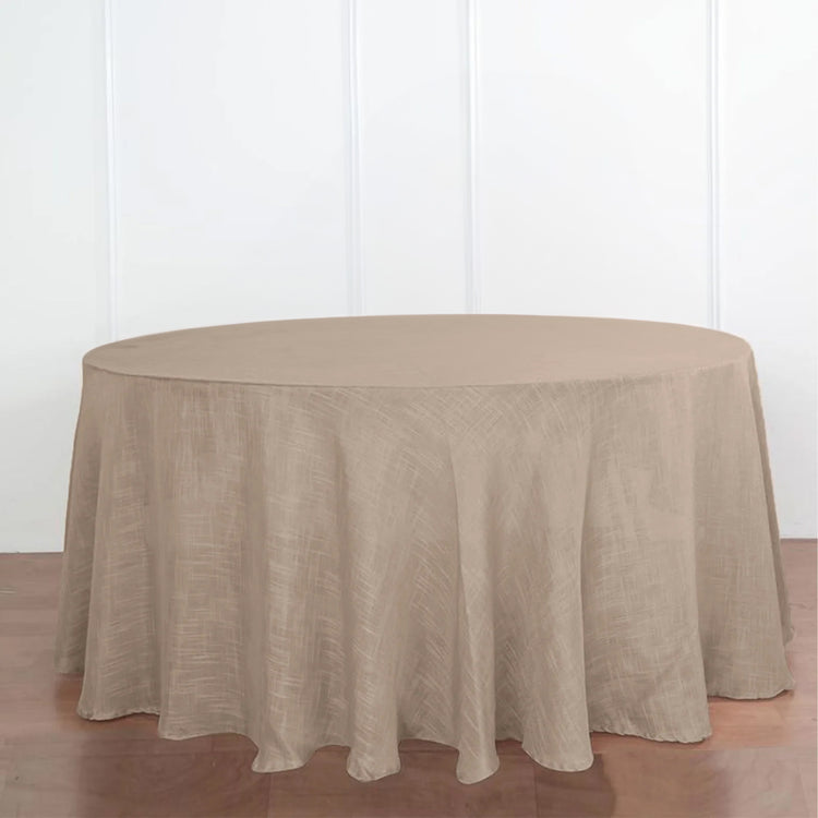 120 Inch Round Taupe Linen Tablecloth With Slubby Textured Finish