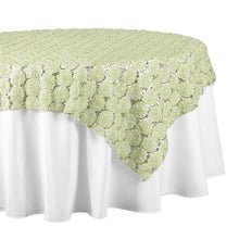 72" x 72" Tea Green Satin Blossoms and Sequins on Lace Net Square Table Overlay | Square Table Toppe