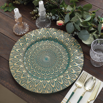 6 Pack | 13" Teal / Gold Embossed Peacock Design Plastic Serving Plates, Round Disposable Charger Plates
