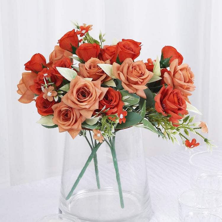 4 Bushes | 12inch Terracotta Real Touch Artificial Silk Rose Bridal Bouquet, Faux Flowers
