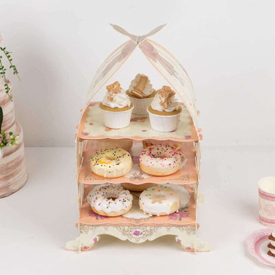 Decorative cupcake stand with assorted colorful donuts and mini desserts