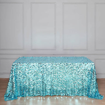 Turquoise Seamless Big Payette Sequin Rectangle Tablecloth 90"x132" for 6 Foot Table With Floor-Length Drop
