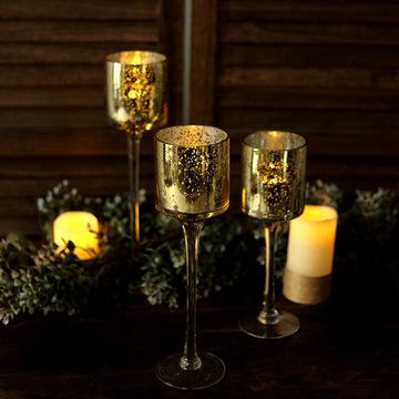 Elevate Your Event Decor with the Gold Long Stem Speckled Mercury Cylinder Glass Vases