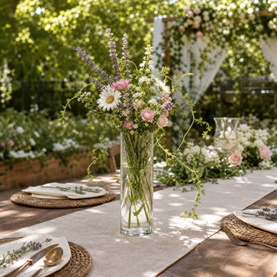 Elegant garden table setting with floral centerpiece and soft outdoor decor