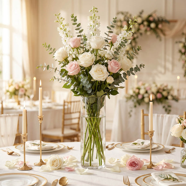 Elegant wedding table centerpiece with white and pink roses in a glass vase