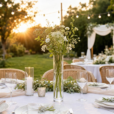 Elegant outdoor wedding table set at sunset with floral centerpiece and candles