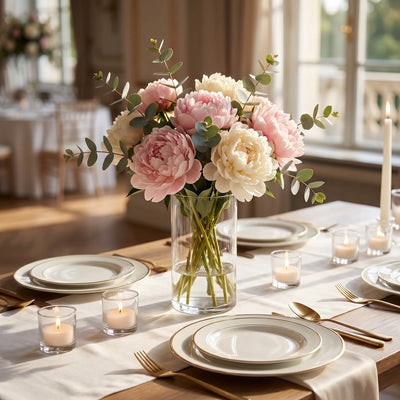 Elegant floral table centerpiece with pink peonies, candles, and gold table settings