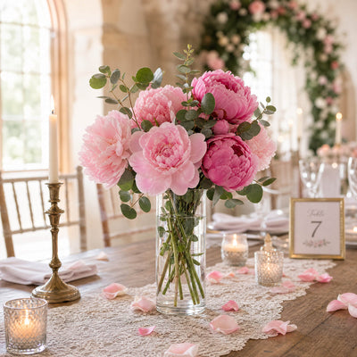 Pink peony wedding centerpiece with candles on elegant reception table