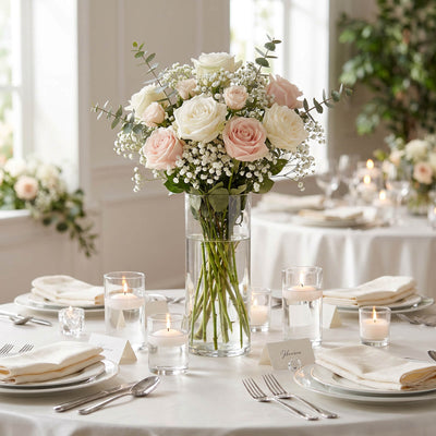 Elegant rose wedding centerpiece with candles and table settings