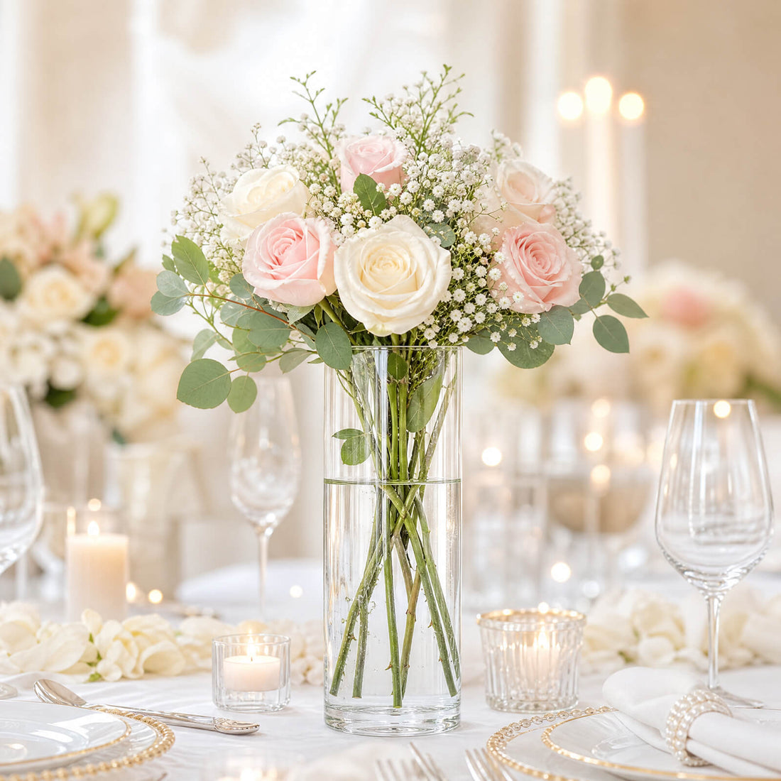 Elegant wedding centerpiece with pink and white roses in a glass vase