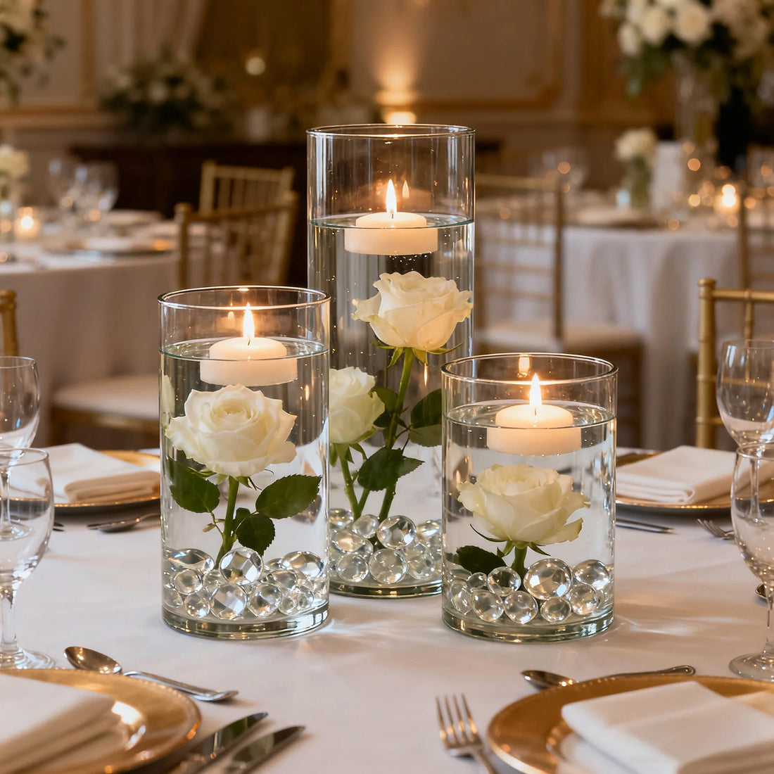 Elegant floral centerpieces with candles and roses at a wedding reception.