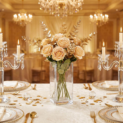 6 Pack Clear Square Glass Vases 8"x4" - Heavy Duty Flower Vase for Wedding Centerpieces & Floral Arrangements