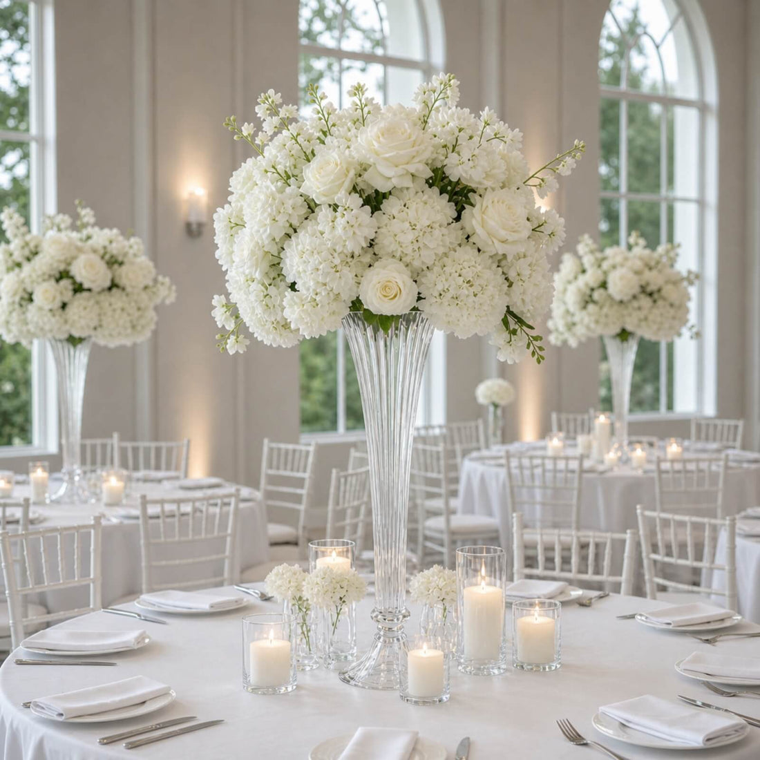 Elegant white floral wedding centerpiece in a bright reception hall