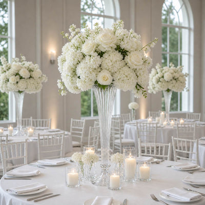 Elegant white floral wedding centerpiece in a bright reception hall