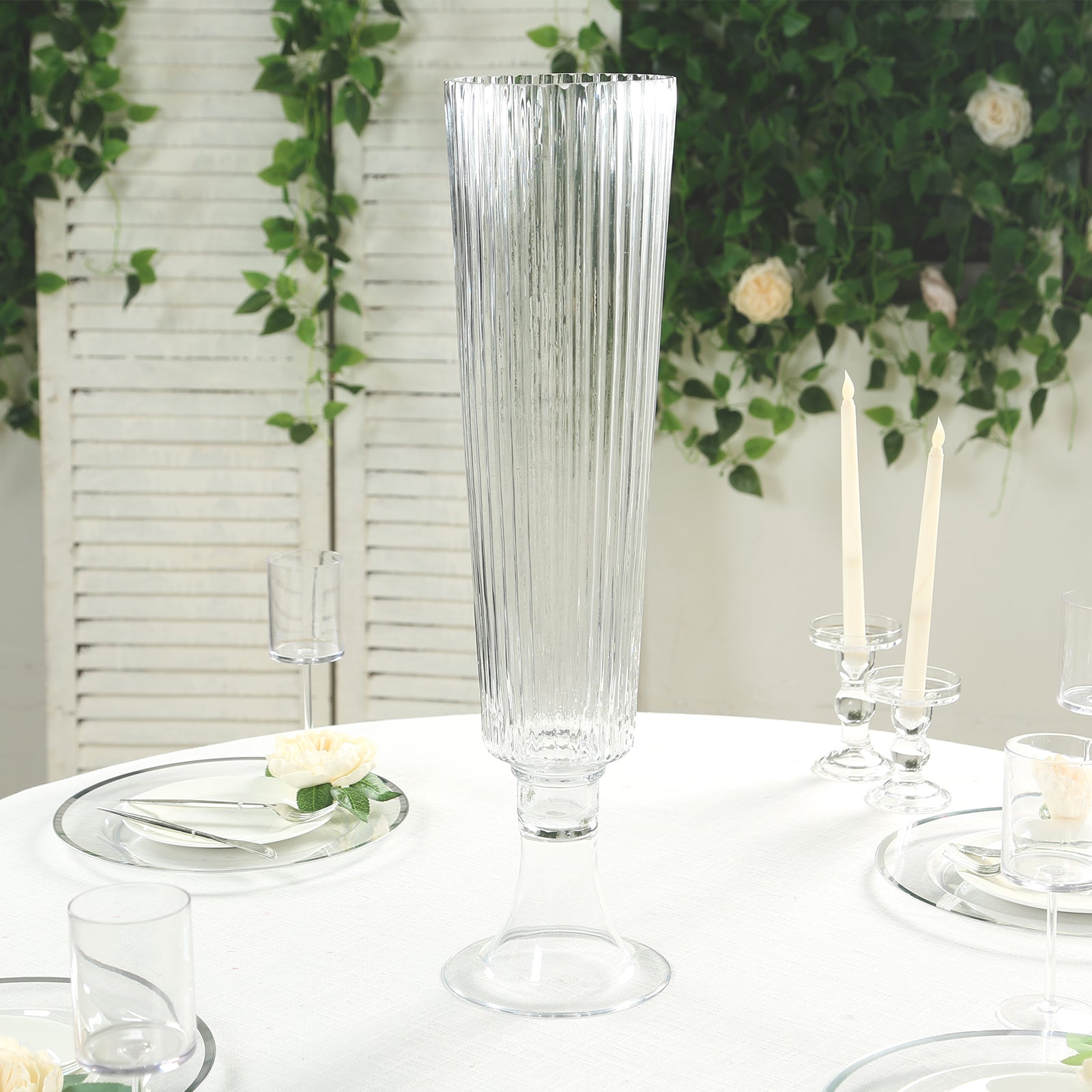 Efavormart Ribbed Glass Trumpet Vase - Thumbnail 2