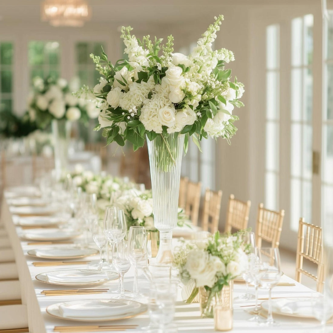 Elegant white floral arrangement in a luxurious dining setting.