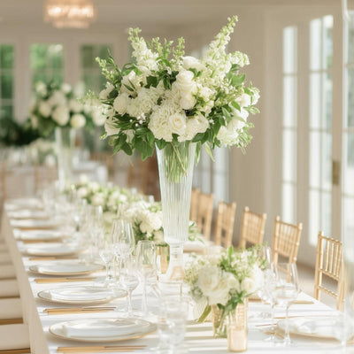 Elegant white floral arrangement in a luxurious dining setting.