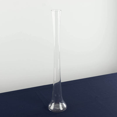 Tall clear glass vase with a slender neck and wide base.