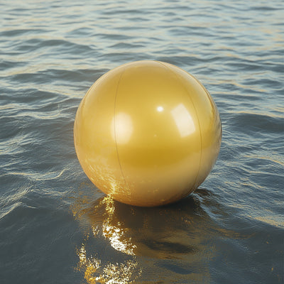 Golden reflective beach ball floating on water surface.