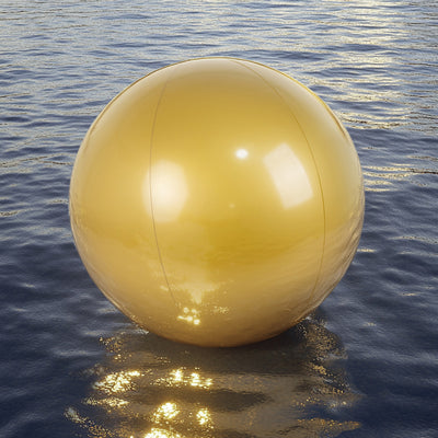 Golden reflective sphere floating on water surface.