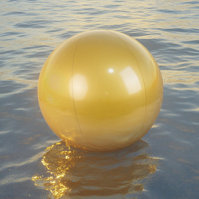 Golden reflective sphere floating on water surface.