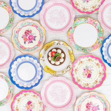 24 Pack Vintage Mixed Floral Paper Dinner Plates With Scalloped Edge, Round Disposable Party Plates 9"