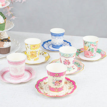 24 Pack | Vintage Mixed Floral Paper Tea Cup And Saucer Set, Disposable Tea Party Supplies Kit