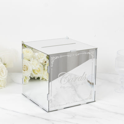 Mirrored wedding card box with elegant engraving on a white background
