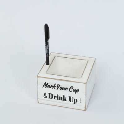 White wooden drink marker holder with pen