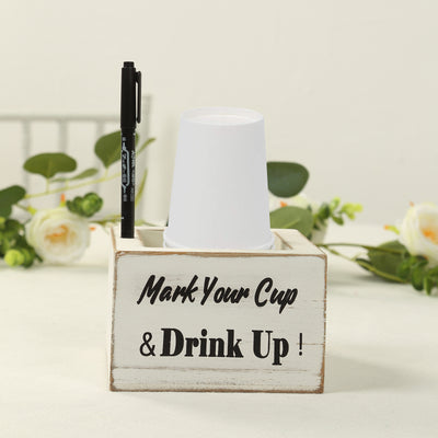 White cup holder with marker, featuring "Mark Your Cup & Drink Up!" text.