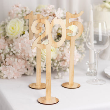 Set of 20 Natural Wooden 1-20 Wedding Table Numbers on Sticks With Round Holder Base, Rustic Table Signs 11" Tall