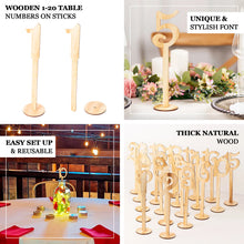 Set of 20 Natural Wooden 1-20 Wedding Table Numbers on Sticks With Round Holder Base