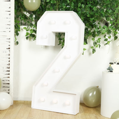 White marquee number two with bulbs against greenery backdrop.