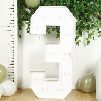 White marquee number three with lights on a plain background.