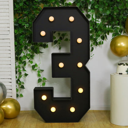 4ft Giant LED Marquee Number "3", Black Pre-Cut Foam Board with 10 Warm White Battery Operated LEDs, Glue Gun and Sticks