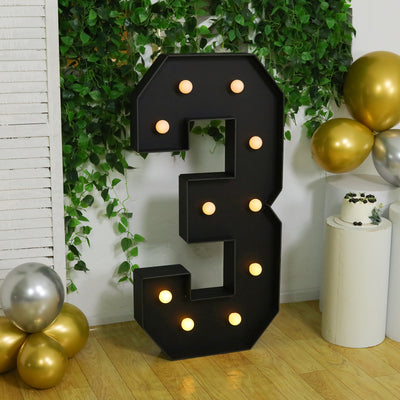 Large decorative number three with lights, set against a greenery backdrop.