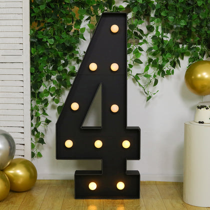 4ft Giant LED Marquee Number "4", Black Pre-Cut Foam Board with 10 Warm White Battery Operated LEDs, Glue Gun and Sticks
