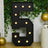 Large black marquee number five with bulbs, surrounded by greenery and gold balloons.