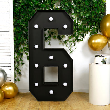 4ft Giant LED Marquee Number "6", Black Pre-Cut Foam Board with 10 Warm White Battery Operated LEDs, Glue Gun and Sticks