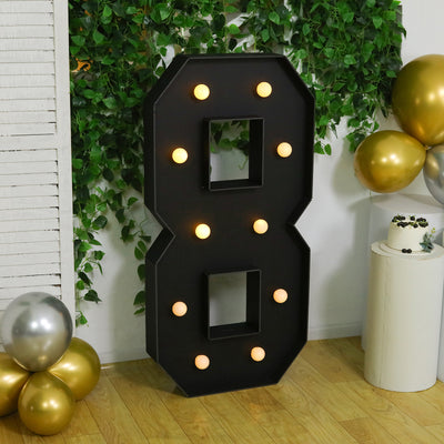 Large decorative marquee number 8 with lit bulbs, perfect for events and celebrations.