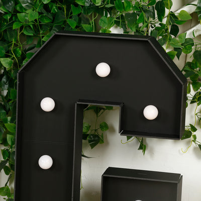 Black marquee letter with white bulbs against a green plant backdrop.
