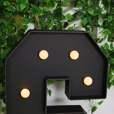 Decorative light-up question mark with bulbs on a black backdrop among greenery.