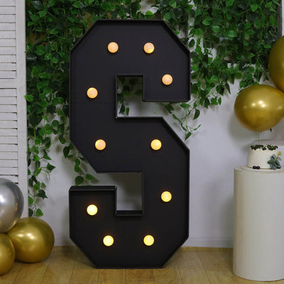 Decorative illuminated number 8 sign with greenery and balloons