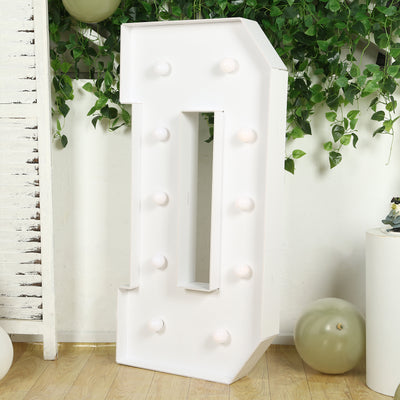 Decorative light-up number sign with bulbs on a white backdrop