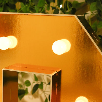 Gold marquee letter with glowing bulbs on a decorative background.