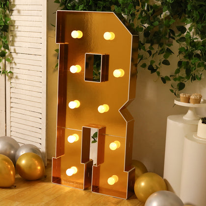 4ft Giant LED Marquee Letter "R", Gold Pre-Cut Foam Board with 10 Warm White Battery Operated LEDs, Glue Gun and Sticks