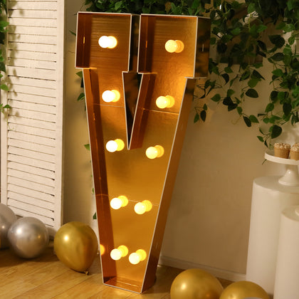 4ft Giant LED Marquee Letter "V", Gold Pre-Cut Foam Board with 10 Warm White Battery Operated LEDs, Glue Gun and Sticks